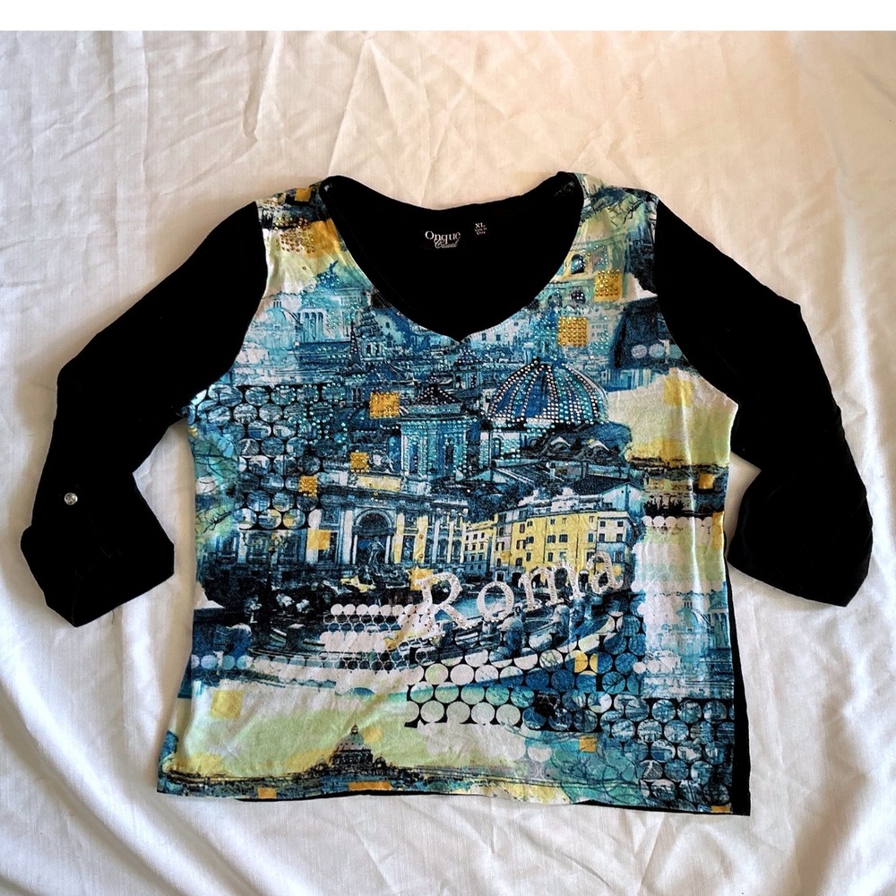 Onque Casual Rome Cityscape Graphic Top Womens XL Black 3/4 Sleeve Rhinestone
